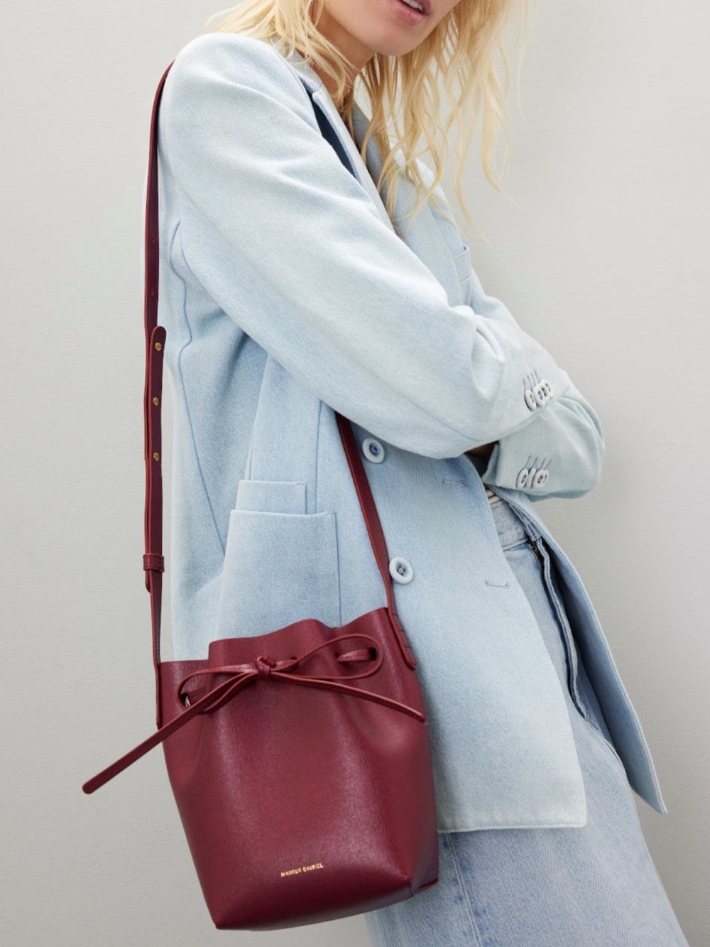 Mansur Gavriel Claret Red Textured Leather Mini Crossbody Bucket Bag - Picture 6 of 15